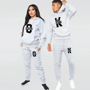 Fashion Lover Couple Clothing Sportwear Set KING QUEEN Printed Hooded Clothes 2PCS Set Women Hoodie and Pants Suit Hoodies