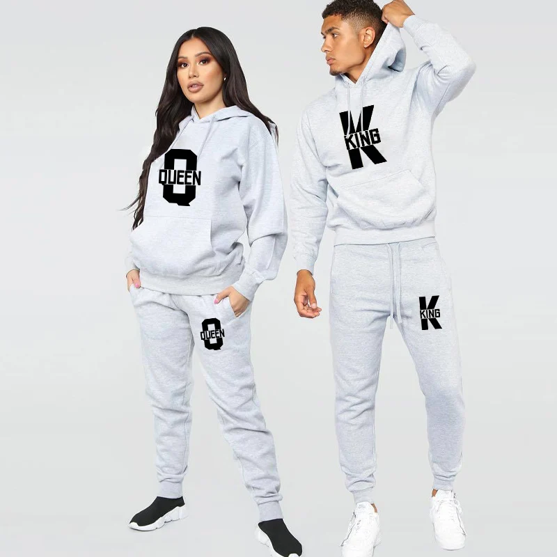 Fashion Lover Couple Clothing Sportwear Set KING QUEEN Printed Hooded Clothes 2PCS Set Women Hoodie and Pants Suit Hoodies