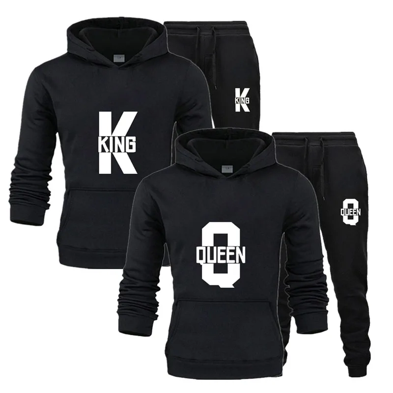 Fashion Lover Couple Clothing Sportwear Set KING QUEEN Printed Hooded Clothes 2PCS Set Women Hoodie and Pants Suit Hoodies - Image 3